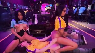 TS pro player gives horny dude and ebony a sex