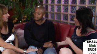 Brit femdoms humiliate ebony microdick into dirty threeway