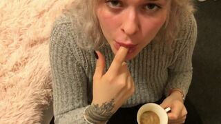 Blonde bimbo drinks COFFEE with CUM