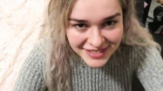 Blonde bimbo drinks COFFEE with CUM