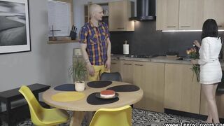 Teeny Couple - Shaved dude fucks 19 year old Mileva on a table