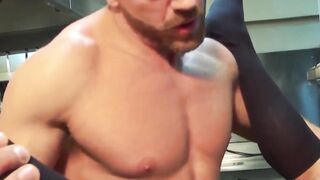 Nipple pierced hairy businessman drilling hard after work
