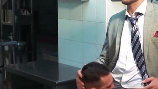 Nipple pierced hairy businessman drilling hard after work