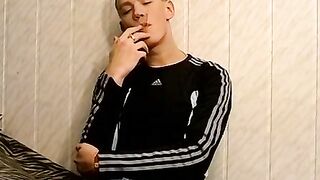 Sweet Roma pulled out his dick and massaged it passionately for his solo smoking sess