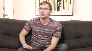 Twink has nice interview before stroking his big dick