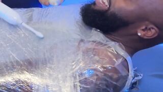 Shaved head Dallas was saran wrapped in a tickle torment by the master
