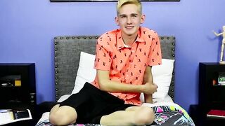 Skinny little twink with big fat dick tugs after interview
