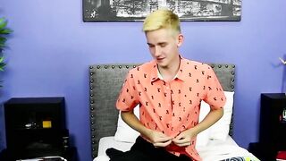 Skinny little twink with big fat dick tugs after interview