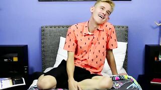 Skinny little twink with big fat dick tugs after interview