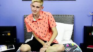Skinny little twink with big fat dick tugs after interview
