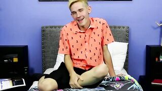 Skinny little twink with big fat dick tugs after interview