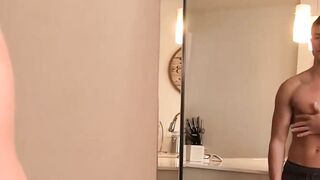 Fitness stud gets horny after stretching and jerks until cum