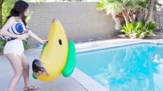Tiny Natalie Brooks repays neighbor by riding his huge cock