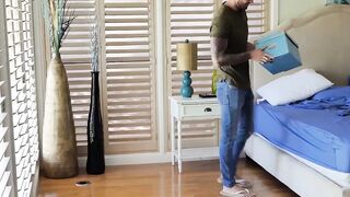 Tiny Natalie Brooks repays neighbor by riding his huge cock