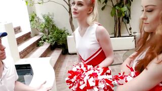 Young cheerleader besties eating cum after POV foursome sex