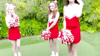 Young cheerleader besties eating cum after POV foursome sex