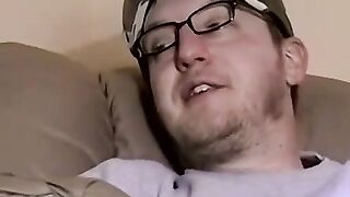 JoeSchmoeXXX.com - Cute amateur Jack with glasses jerks off on a leather sofa