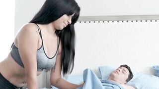 Karmen Santana rides stepbrother hard for hot cum in mouth
