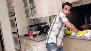 Brunette skank Demi Lowe fucks with her help in the kitchen