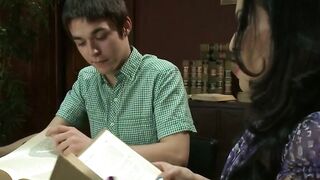 Huge tits shemale TS Foxxy anal fucks teen student Matthew and wanks his big cock