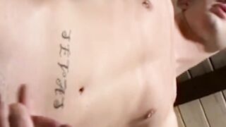 Frat dude Reese Mitchell shows his huge cock and jerks it while moaning