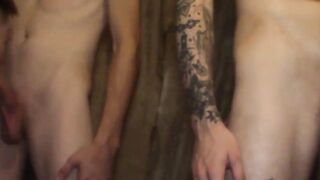 Hot and sexy dudes gets on their knees and suck three attractive men