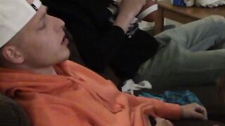 Skinny stud devours two cocks at the same time