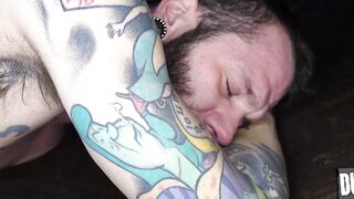 Black man Micah Martinez bent over in welcoming the hard throbbing cock of inked John