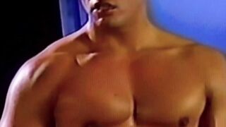 Sculpted Joe Gibbons starts caressing his shaped body then yanks his dick