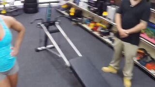 Petite babe fucks in pawnshop after demonstrating a workout