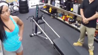 Petite babe fucks in pawnshop after demonstrating a workout
