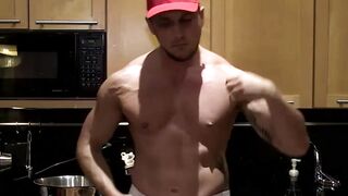 Baker Joey jerks in frustration after his spilling his dough