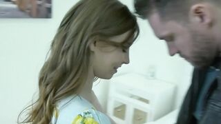 Small girl lets guy fuck her while he holds her in the air