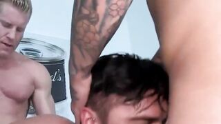 Ball suck and throat fuck in the steamiest jock threesome