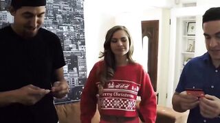 Young blonde duo sucking giftwrapped cock before doggystyle