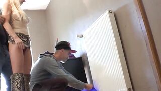 Two workers fuck mature housewife