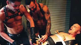 Derek Kage takes a huge cock in his mouth and extremely ass fucked by two hunks
