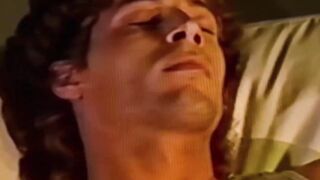 Buffed retro hottie Leigh Erickson wanks his aroused cock in front of us