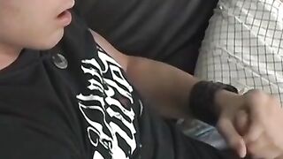Young Blair Mason cum sprayed after jerking off in threesome