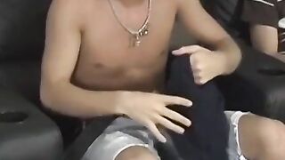 Young Blair Mason cum sprayed after jerking off in threesome