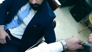 Bearded businessman Miguel Angel bareback barber banging