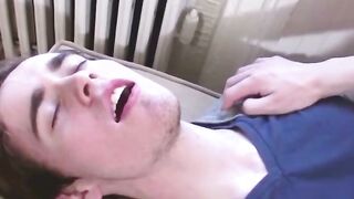 Cutie Mike Challenger jacked his uncut cock while being banged in the ass by handsome