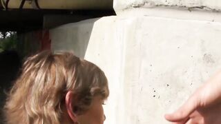 Lusty grandma teased by younger guy before giving blowjob