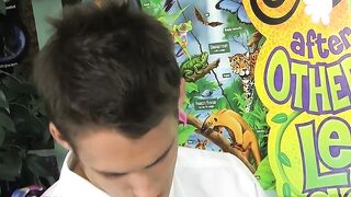 Inked gay Dustin Revees bareback ass drilled after blowjob