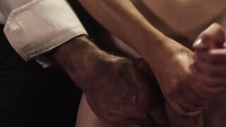 GayForSale.com - Sexy teenager strokes his hard cock while hot bearded daddy watches