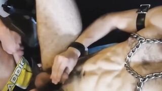Chained dude hairy ass fuck with dildo before pounding hard