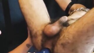 Chained dude hairy ass fuck with dildo before pounding hard