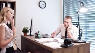 Reluctant blonde Andrea rides a massive cock for a money loan