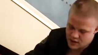 Horny twink sucks and beats off the smooth shaved cock of gorgeous MC stud