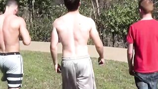 Tatted twink deepfucked and double dicked by two athletic jocks
